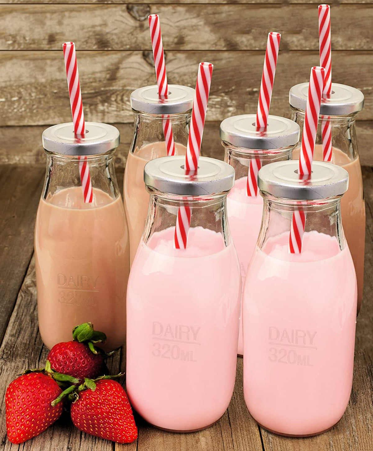 Glass Milk Bottles with Straws (Set of 6)